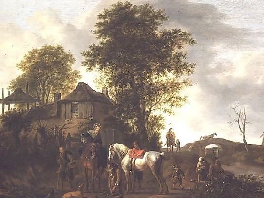 Pieter Wouwermans or Wouwerman _ A landscape with a cottage and horsemen.jpg Pieter Wouwermans or Wouwerman _ A landscape with a cottage and horsemen.jpg
