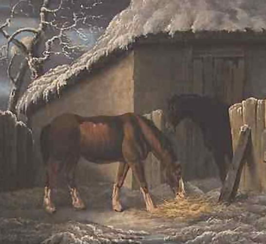 Thomas Hand _ A Winter landscape with two horses feeding outside a stable.jpg Thomas Hand _ A Winter landscape with two horses feeding outside a stable.jpg